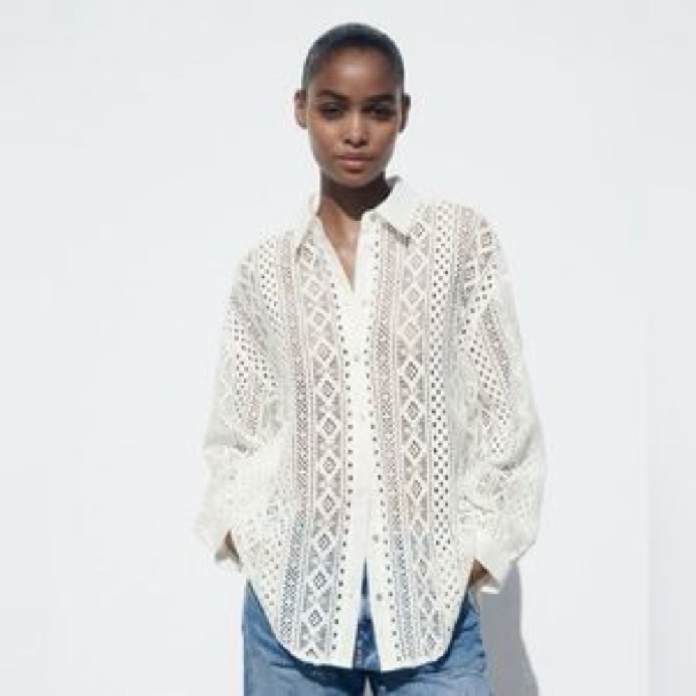 Zara White Crochet Lace Button-Down Shirt